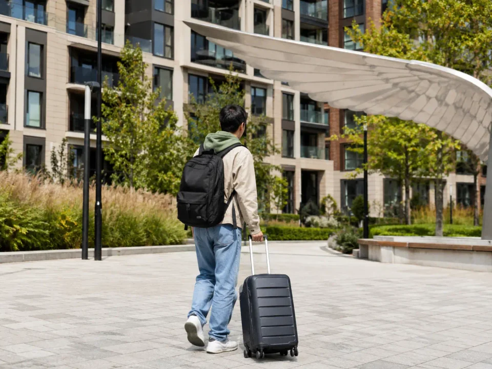Student traveller with luggage beside wing-shaped public art in Colindale