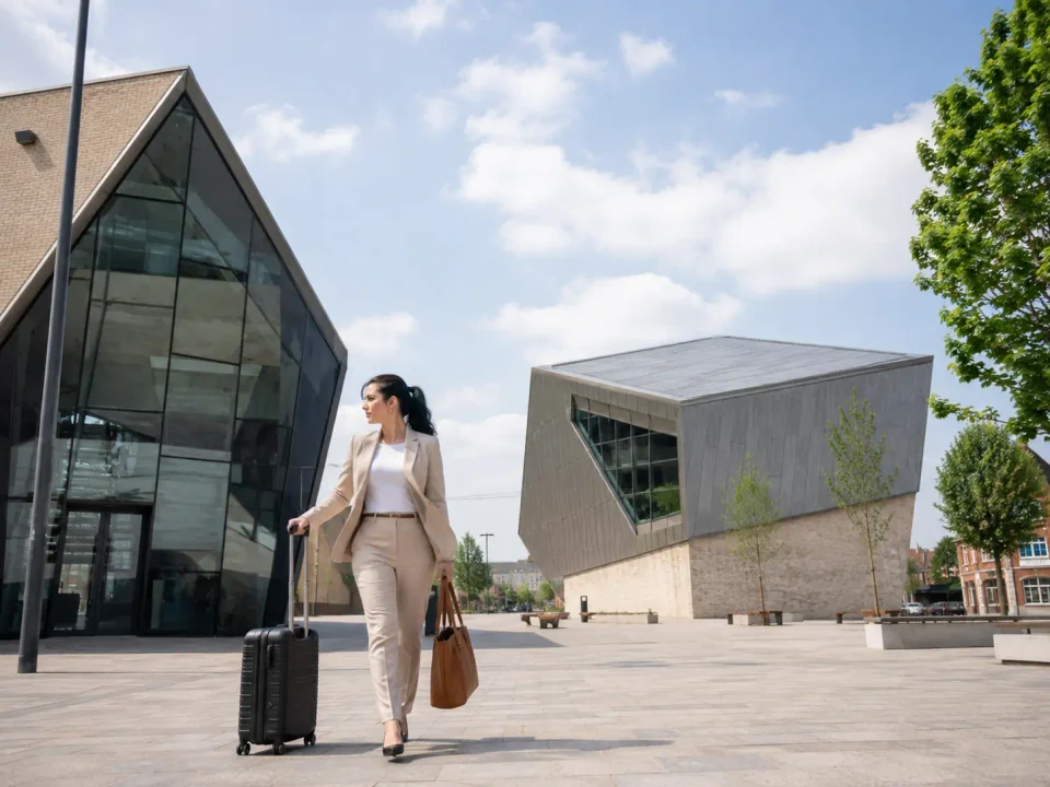 Business traveller with a suitcase crossing the modern civic square in Corby