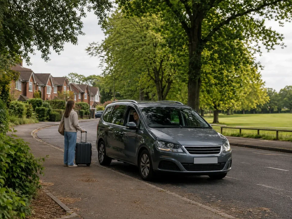 Airport transfer vehicle parked at the kerb on a Crawley street