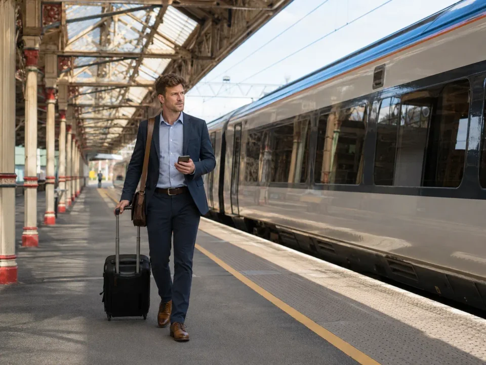 Business traveller with luggage beside a train at Crewe railway station