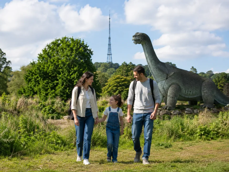 Family visiting a dinosaur sculpture with the transmitter beyond in Crystal Palace Park