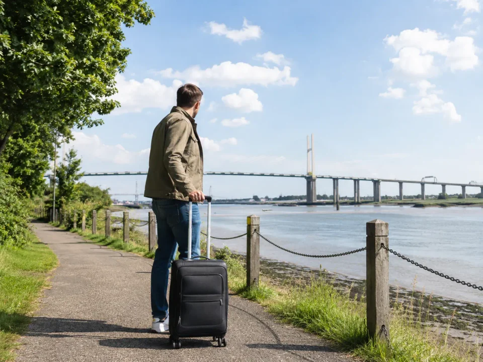 Traveller with luggage overlooking the River Thames and Queen Elizabeth II Bridge in Dartford