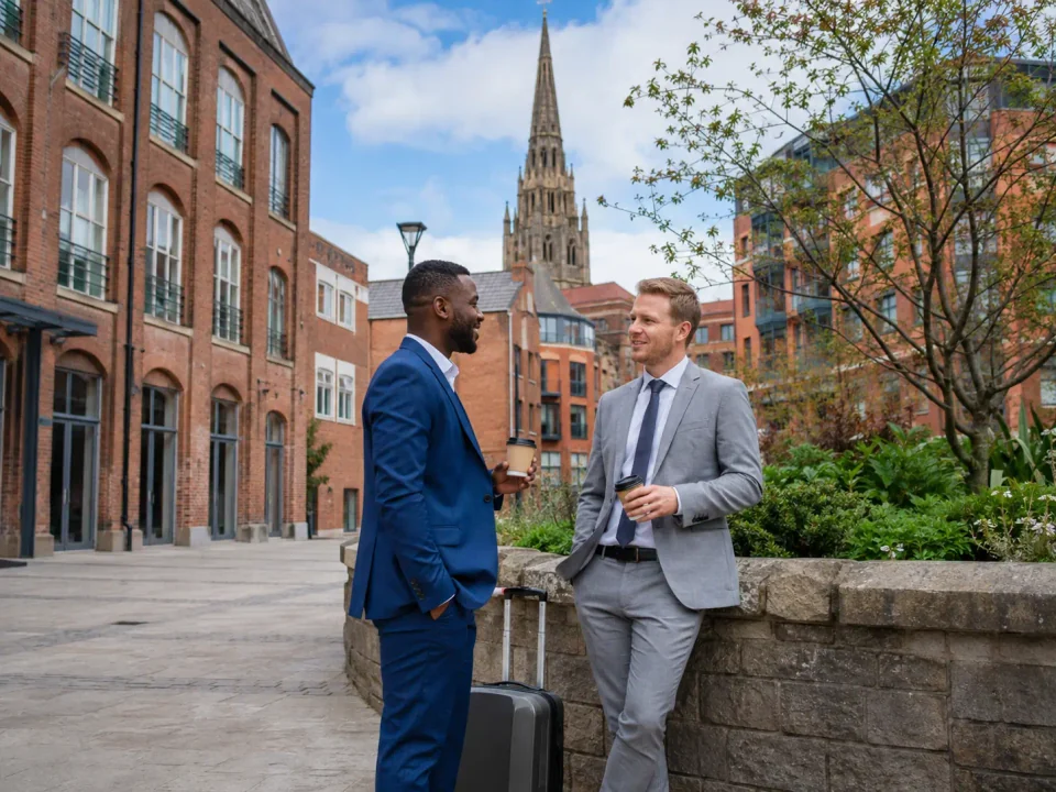 Business travellers having coffee in Derby Cathedral Quarter