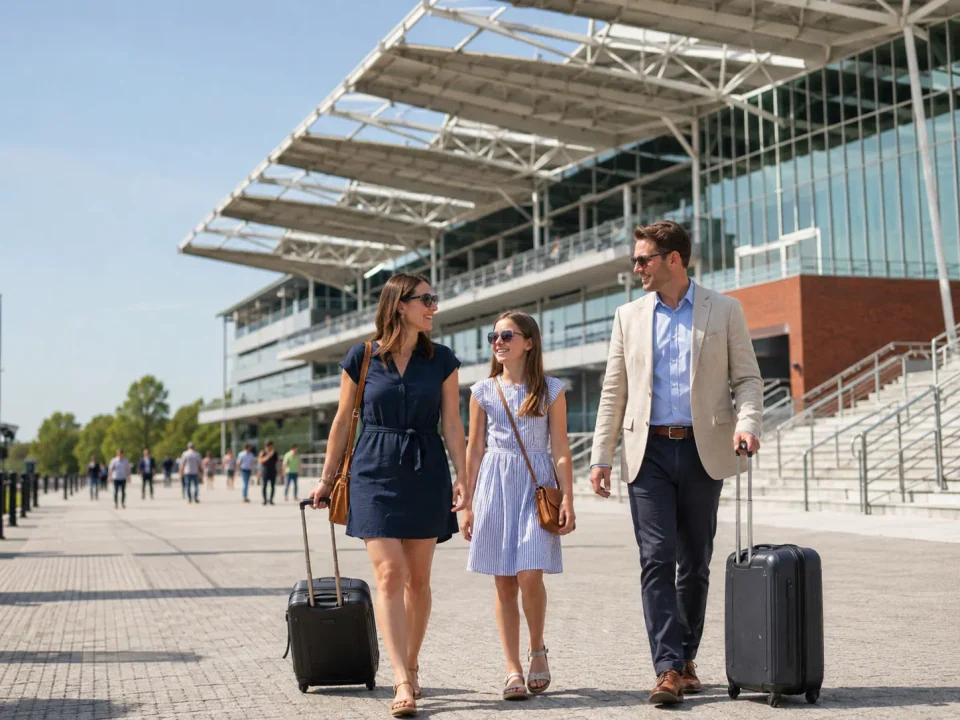 Family travellers with luggage approaching the racecourse grandstand in Doncaster