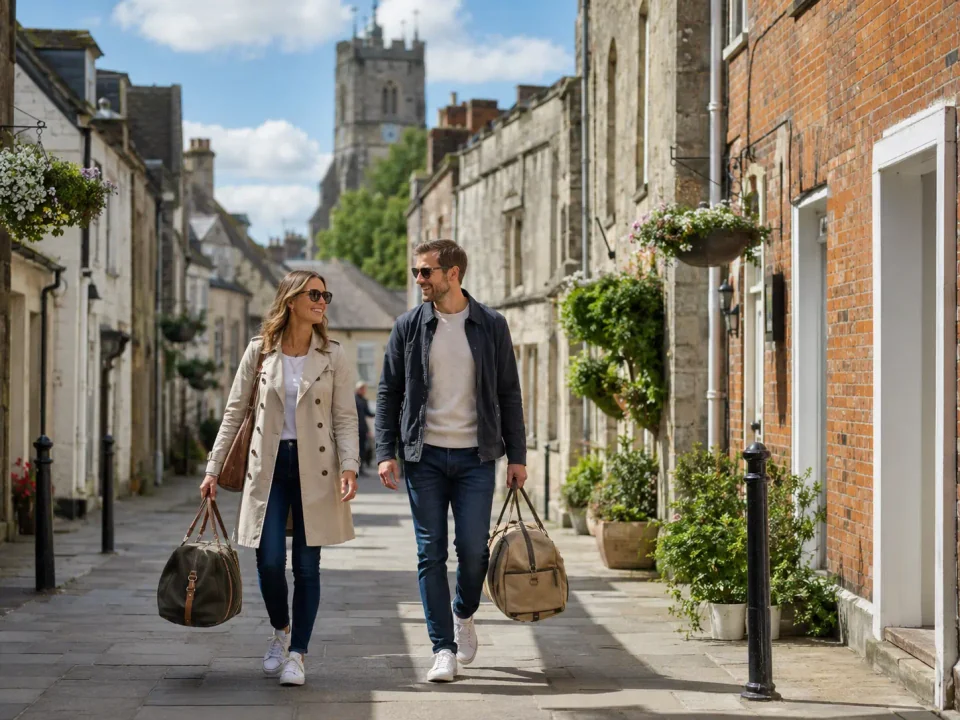 Travelling couple carrying weekend bags on a historic street in Dorchester