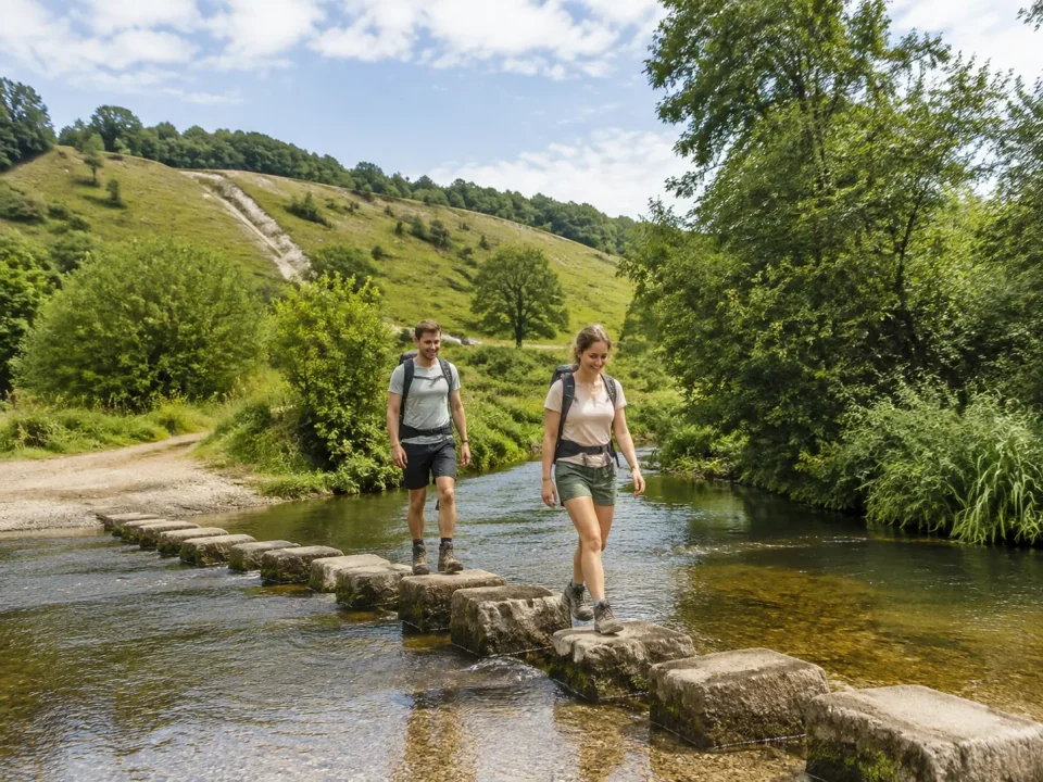 Walking travellers crossing the River Mole stepping stones below Box Hill near Dorking