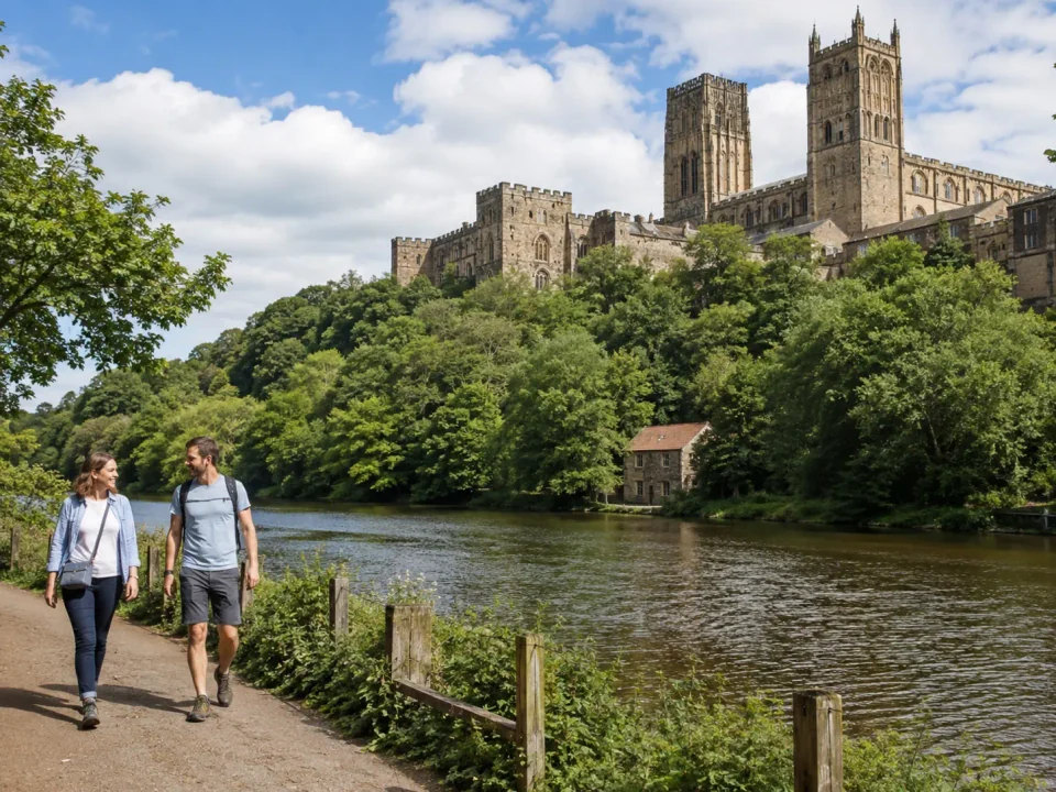 Visitors walking beside the River Wear below Durham Cathedral and Castle
