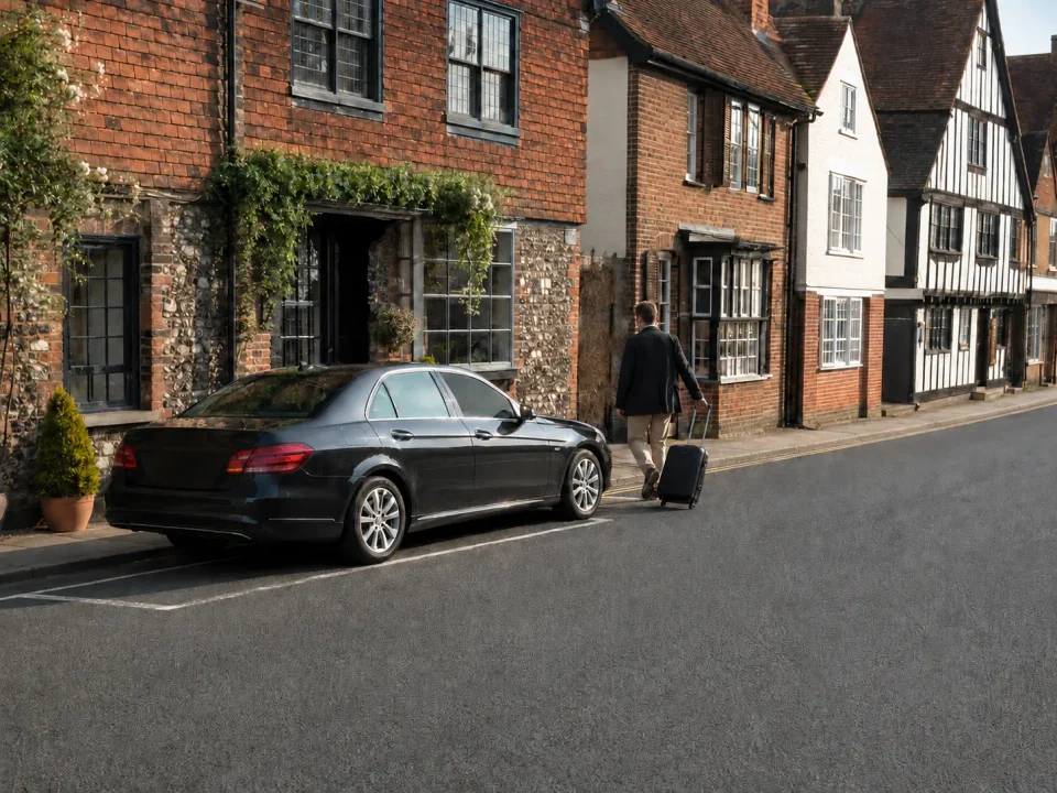 Airport transfer vehicle parked at the kerb on an East Grinstead high street