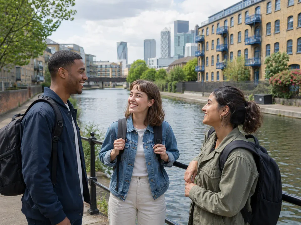Friends travelling beside the Lea canal and converted warehouses in East London