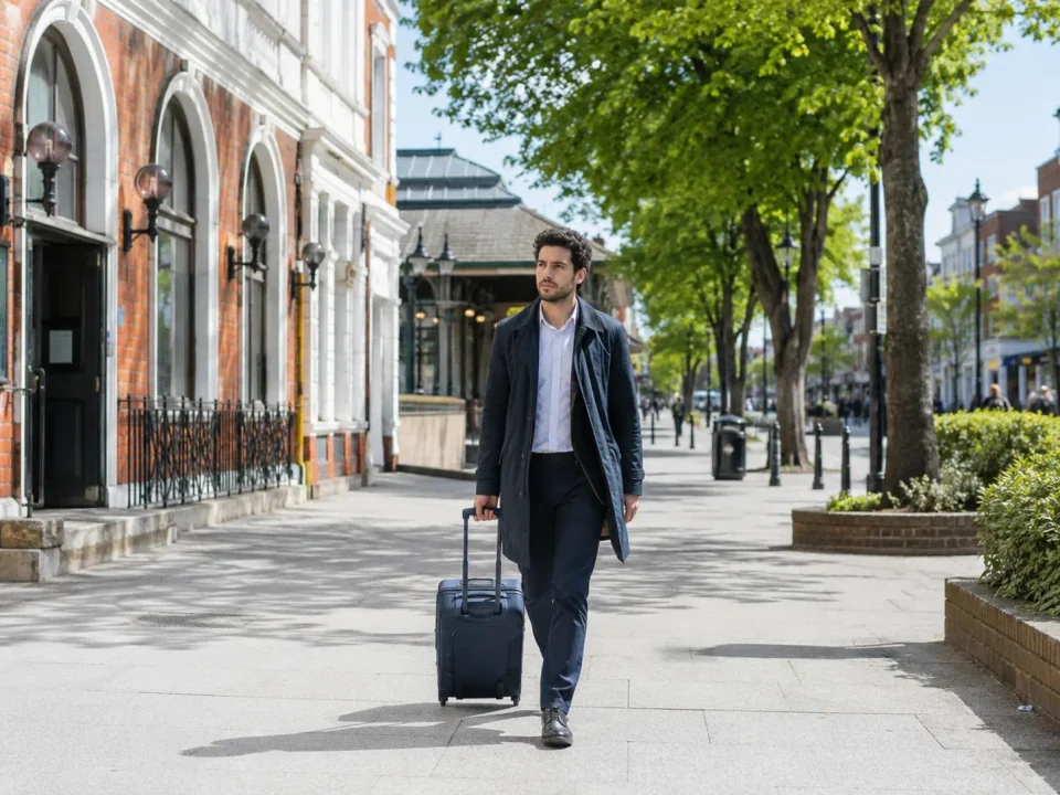 Commuter traveller with a suitcase on a leafy avenue in Edgware