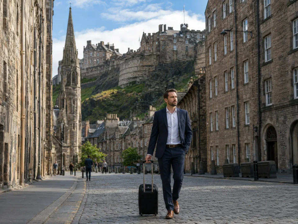 Business traveller with luggage walking below Edinburgh Castle on the Royal Mile