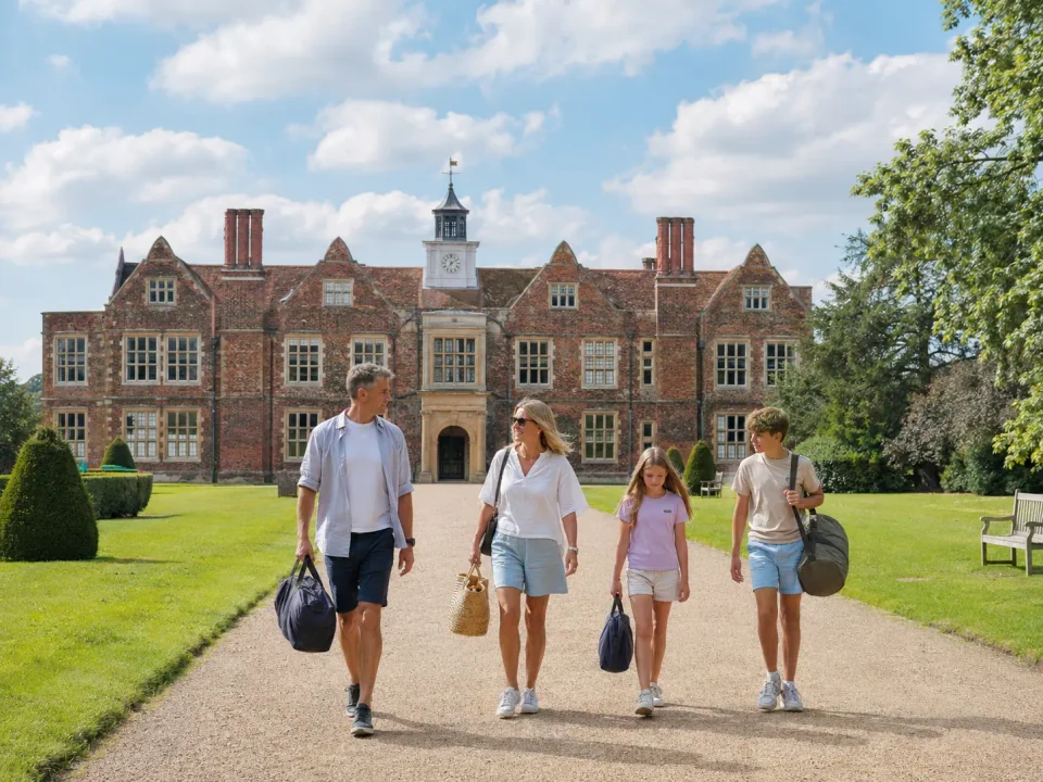Family visitors walking through the grounds of a historic manor in Enfield