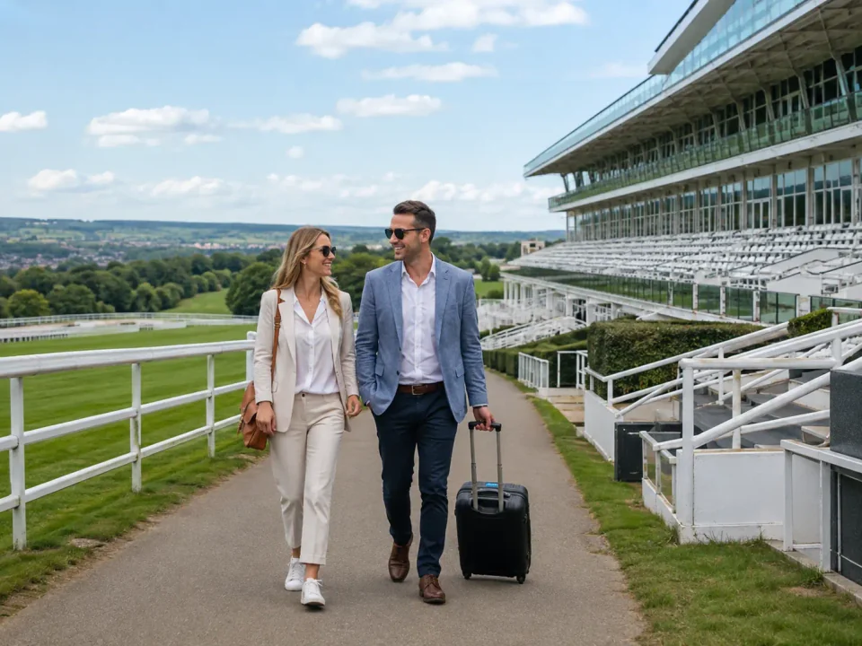 Travelling couple with a suitcase beside the racecourse at Epsom Downs