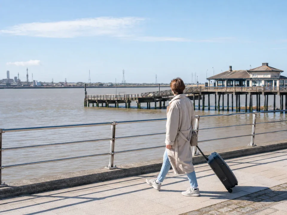 Solo traveller with a suitcase on the riverside promenade beside Erith Pier
