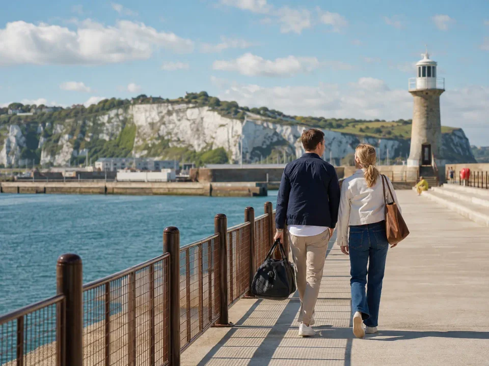 Travelling couple on Folkestone Harbour Arm with the white cliffs beyond