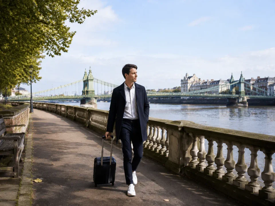 Business traveller with a suitcase beside the Thames and Hammersmith Bridge in Fulham