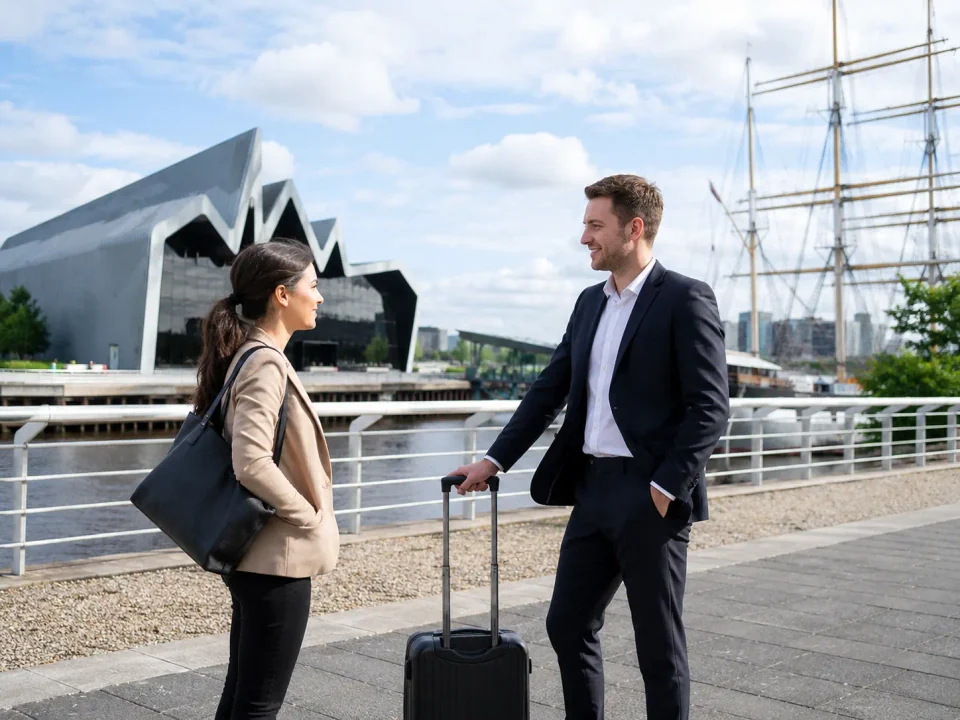 Business travellers with luggage beside the River Clyde and Riverside Museum in Glasgow
