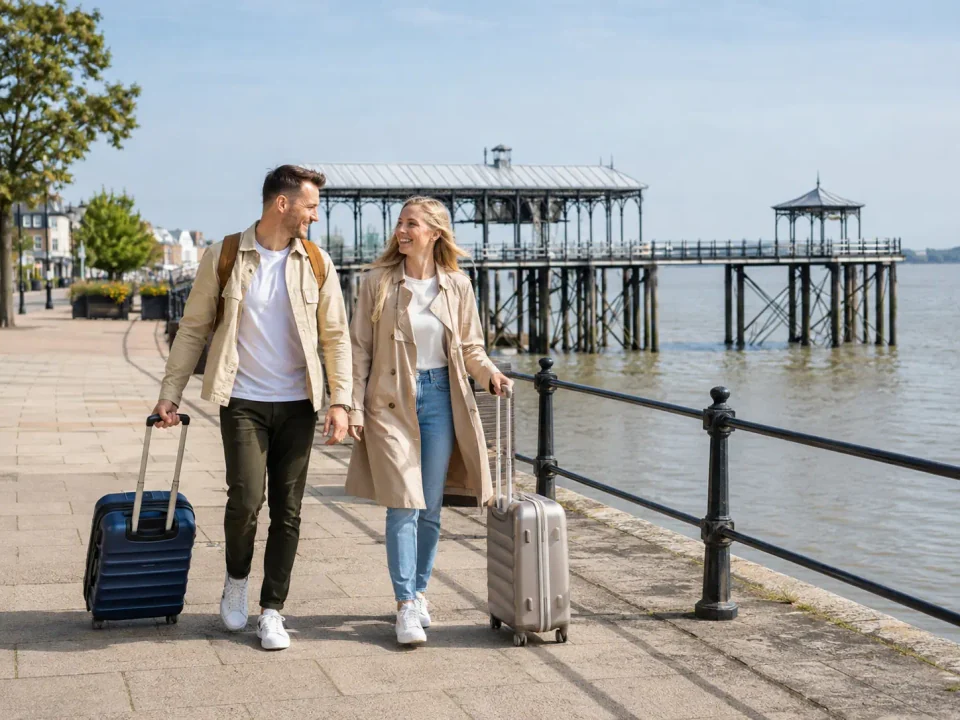 Travelling couple with suitcases on the Thames promenade beside Gravesend Town Pier