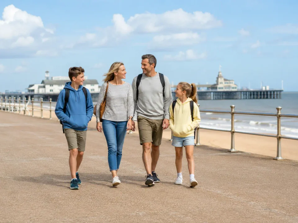 Family visitors walking on Great Yarmouth seafront with the pier behind