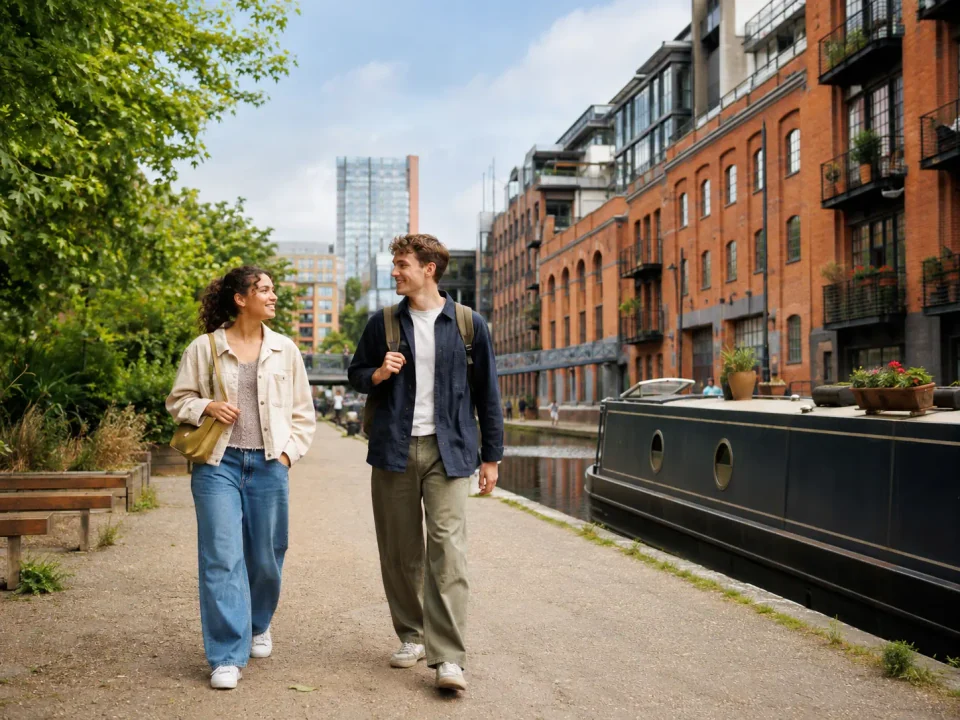 Young travellers walking beside the canal and converted warehouses in Hackney
