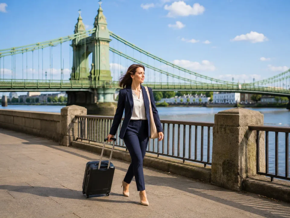 Business traveller with a suitcase beside the Thames and Hammersmith Bridge