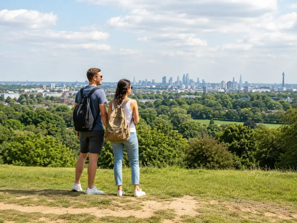 Visitors overlooking the London skyline from Parliament Hill in Hampstead