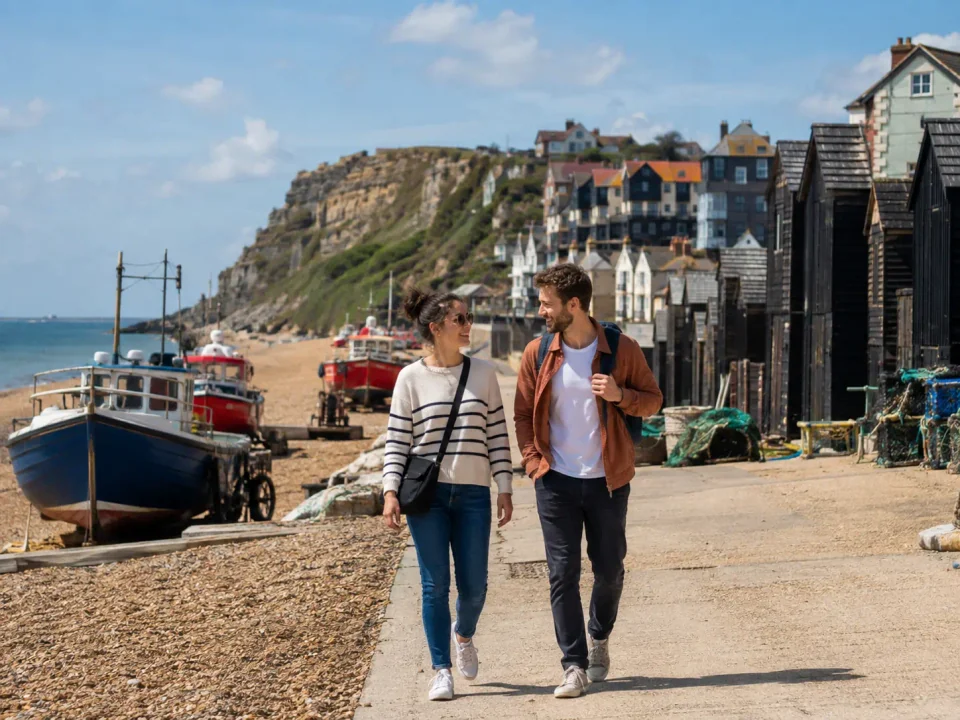 Travelling couple beside the fishing boats and net huts in Hastings
