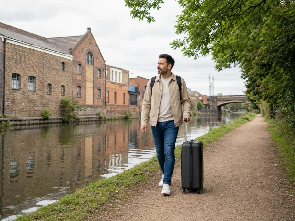 Solo traveller with a suitcase beside the Grand Union Canal in Hayes