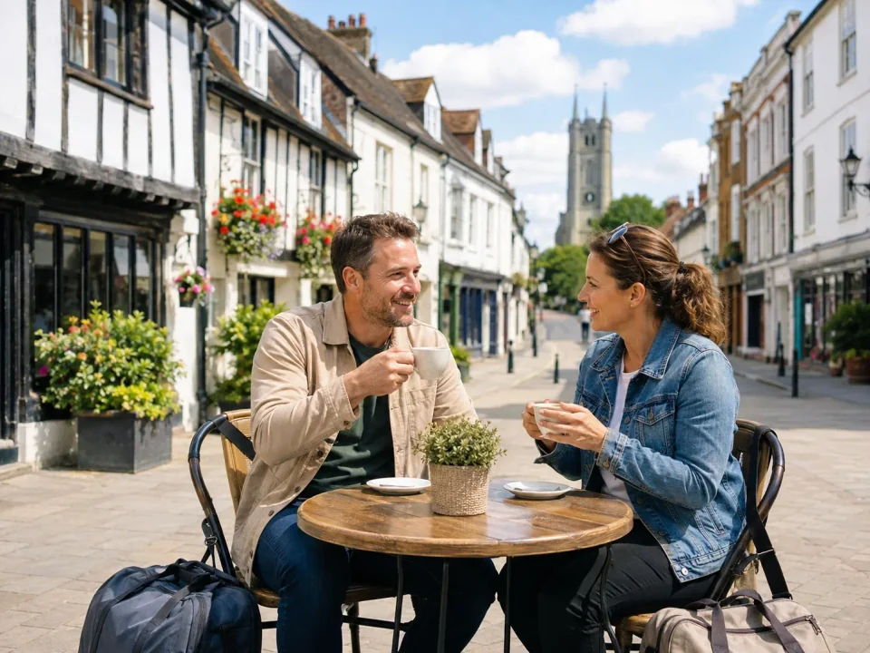 Travellers having coffee on a historic old-town street in Hemel Hempstead