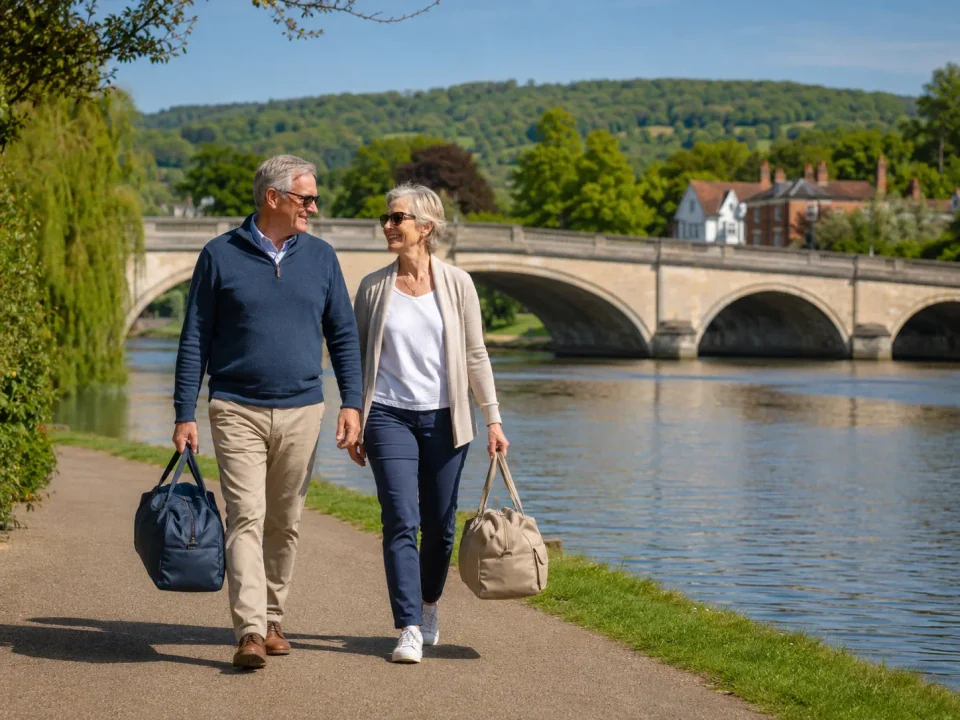 Older travellers carrying weekend bags beside the Thames and Henley Bridge
