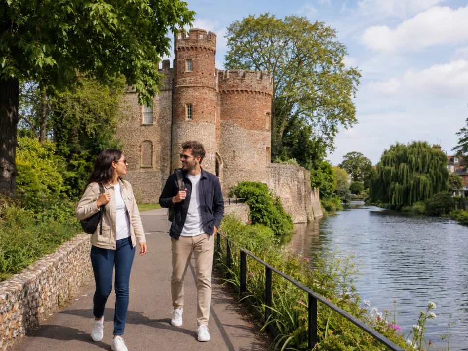 Travelling couple walking beside the river and castle gatehouse in Hertford