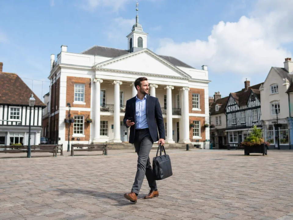 Business traveller crossing the market square in front of High Wycombe Guildhall