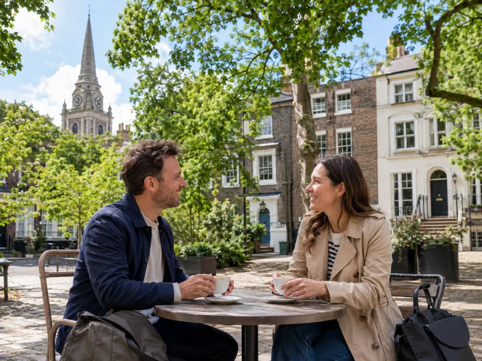 Travellers having coffee in a leafy Georgian square in Highgate