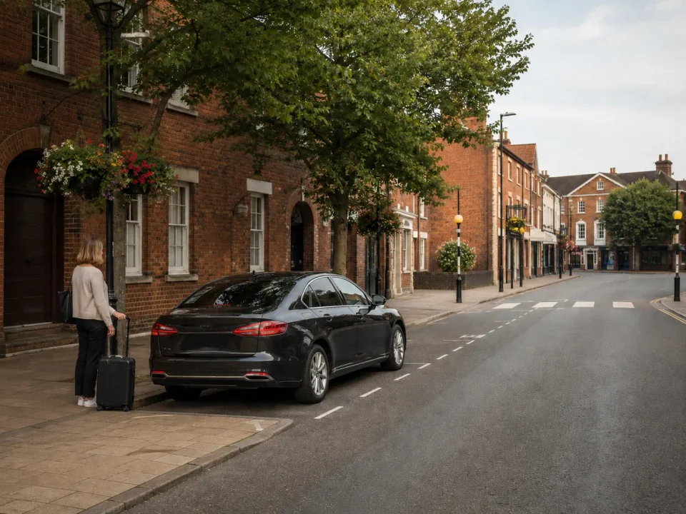 Airport transfer vehicle parked in a kerbside bay before a Horsham pedestrian crossing