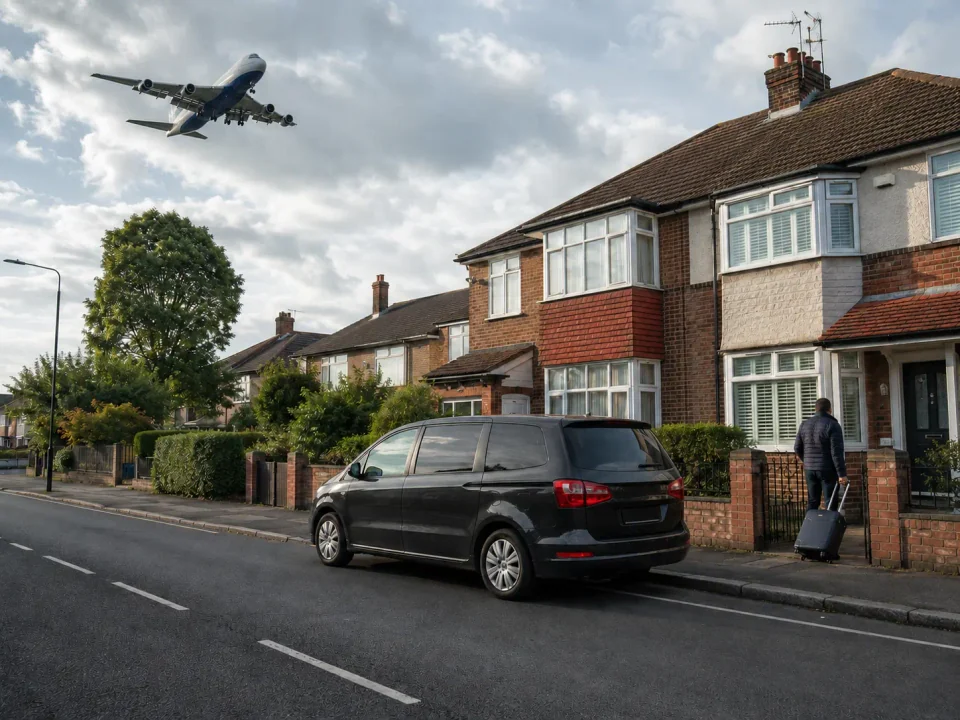 Airport transfer vehicle waiting at the kerb beneath the Heathrow flight path in Hounslow