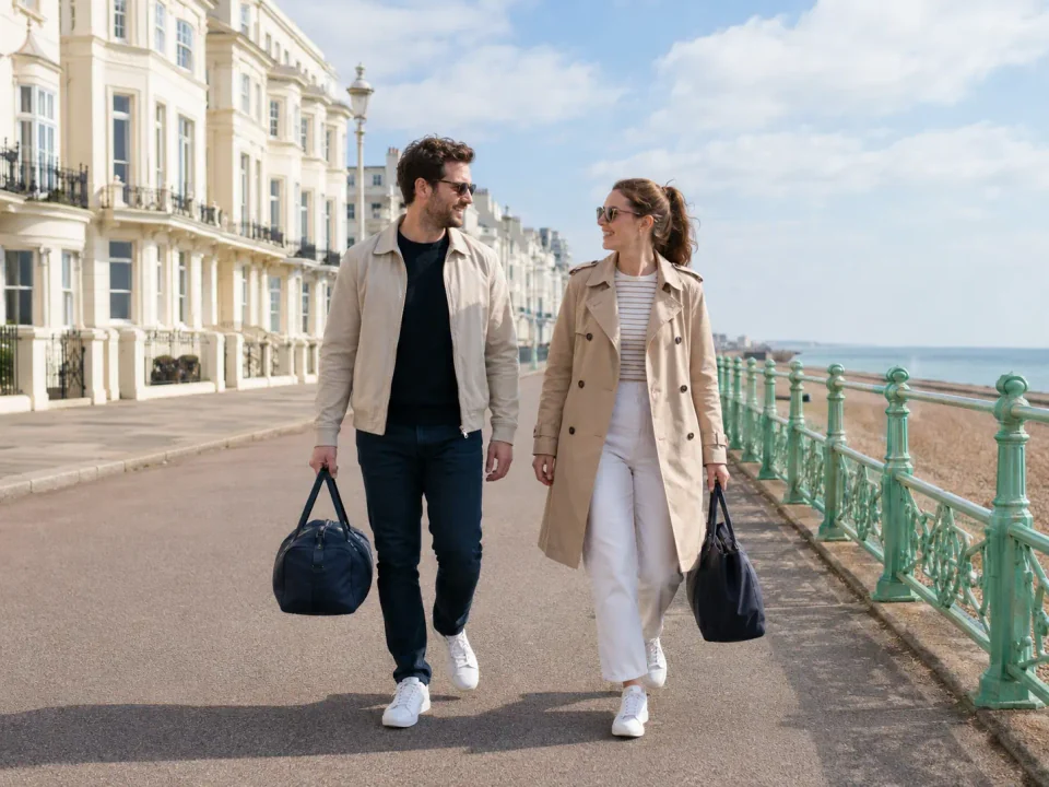Travelling couple carrying weekend bags along Hove seafront