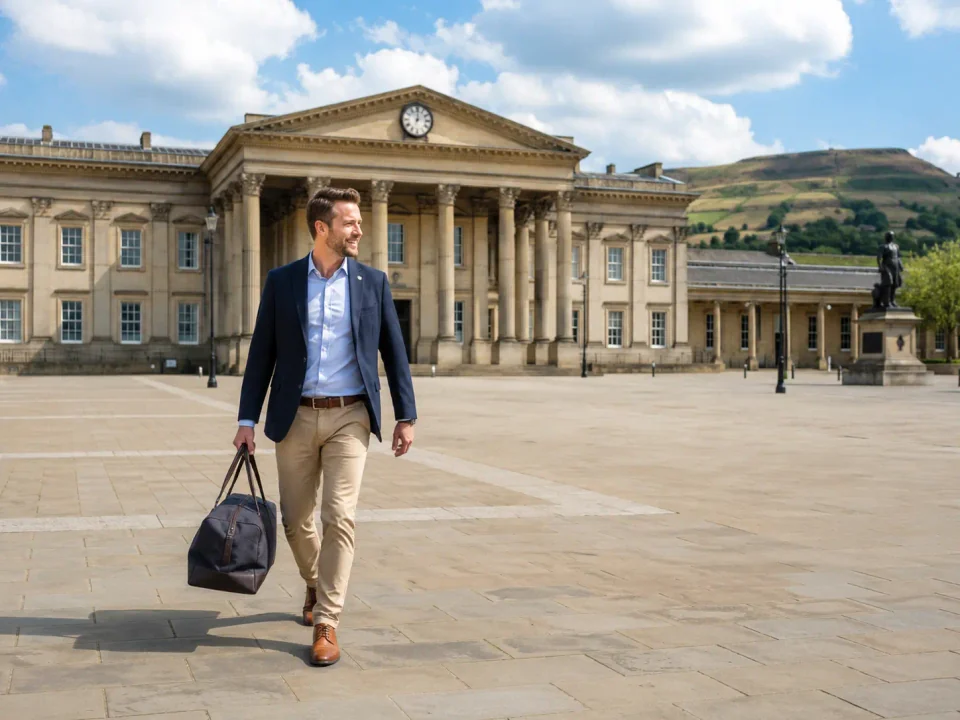 Business traveller crossing St George's Square outside Huddersfield station
