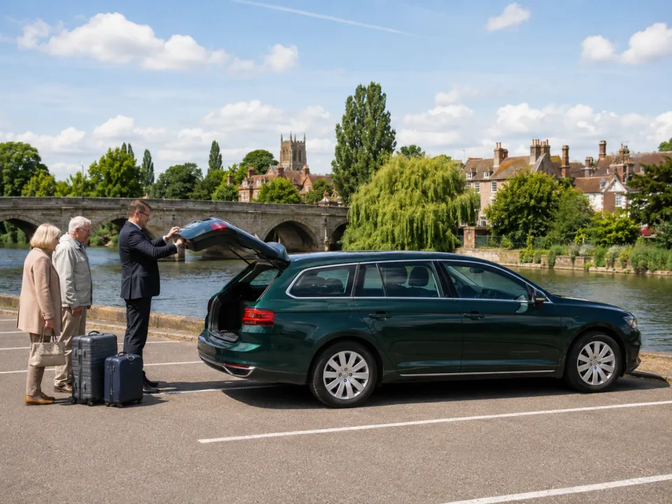 Chauffeur loading an executive estate car in a marked riverside bay in Huntingdon