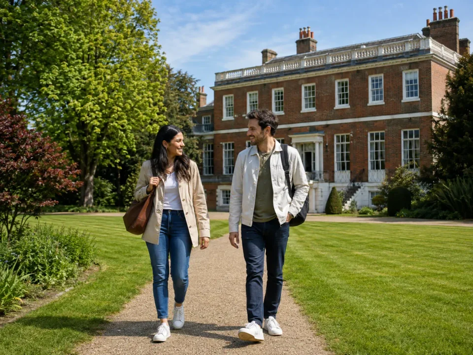 Travelling couple walking through the gardens of Valentines Mansion in Ilford