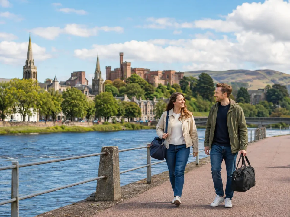 Travellers walking beside the River Ness with Inverness Castle and Highland hills beyond