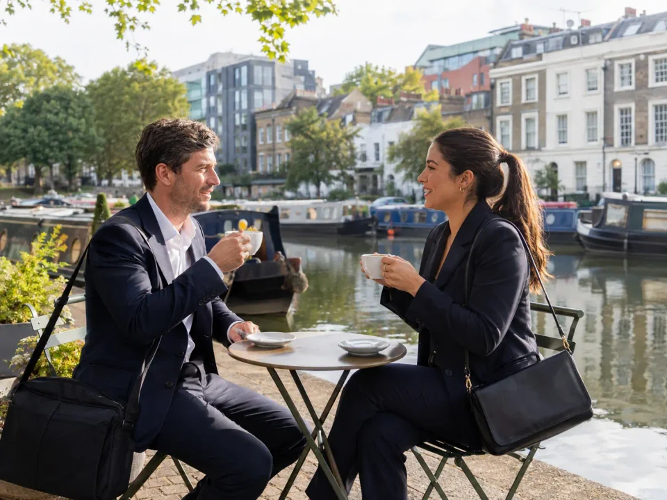 Business travellers having coffee beside City Road Basin in Islington
