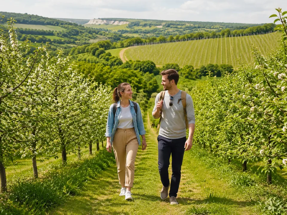 Travelling couple walking through a Kentish orchard with chalk hills beyond