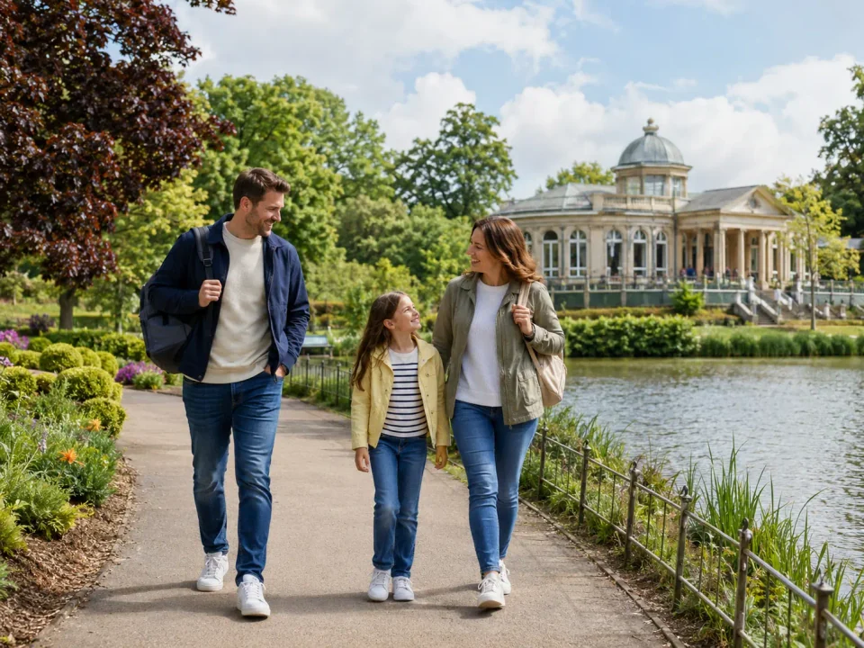Family visitors walking through landscaped parkland beside a pavilion in Kettering