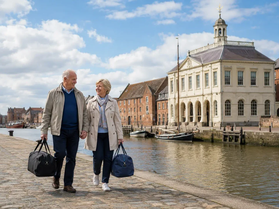 Older travellers carrying weekend bags beside the Custom House on King's Lynn quayside