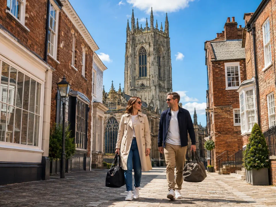 Travelling couple carrying weekend bags through Hull Old Town beside the Minster