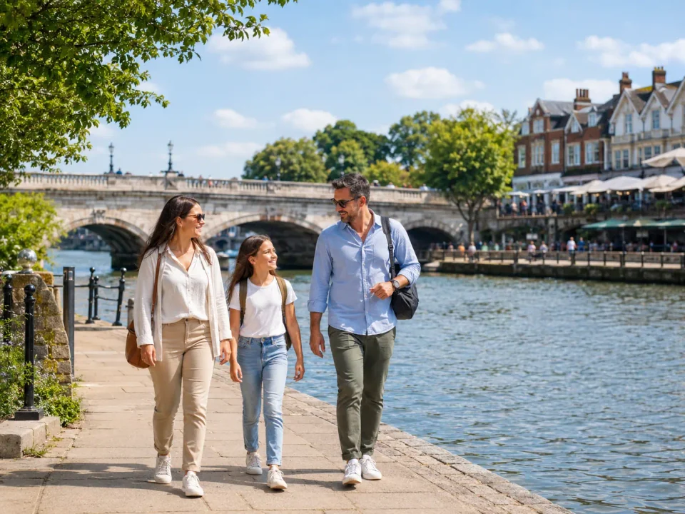 Family visitors walking beside the Thames and stone bridge in Kingston upon Thames