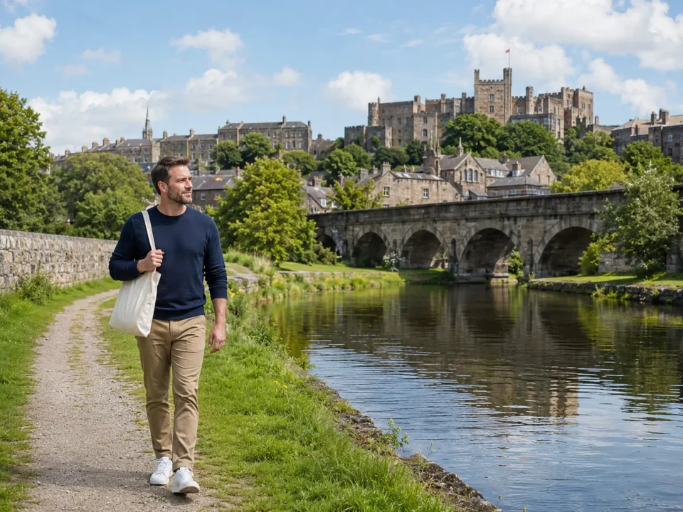 Solo traveller beside Lancaster Canal with the castle and stone aqueduct beyond