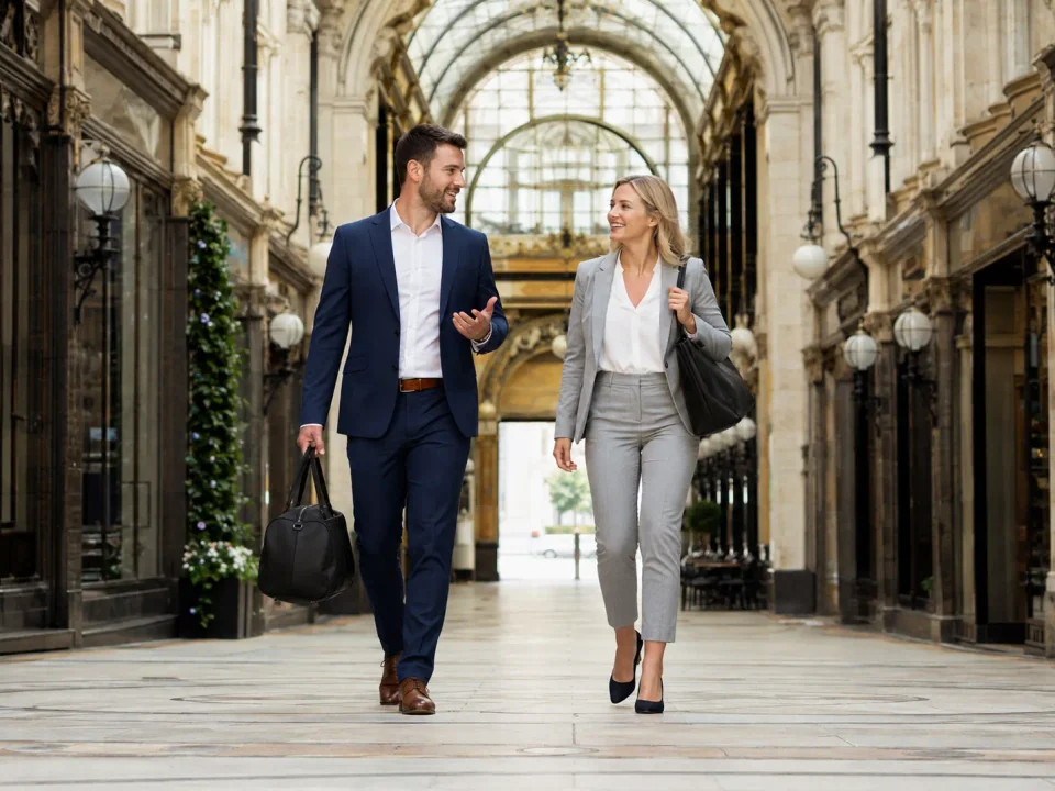 Business travellers walking through a Victorian shopping arcade in Leeds