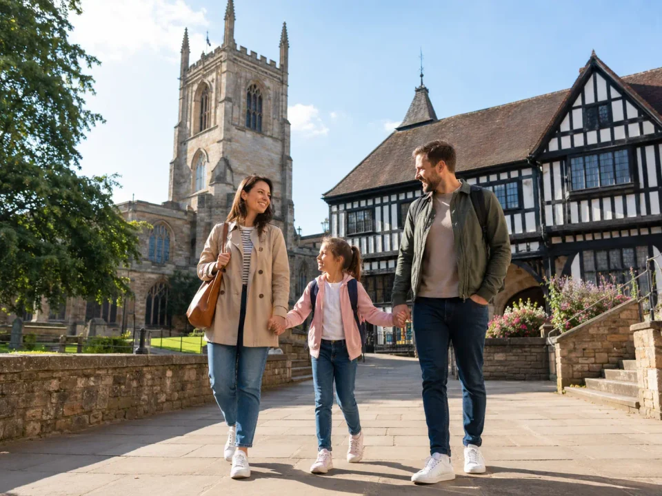 Family visitors walking through Leicester Cathedral Quarter beside a Guildhall-style building