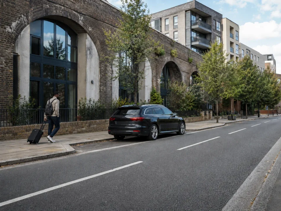 Airport transfer vehicle parked at the kerb on a Lewisham street